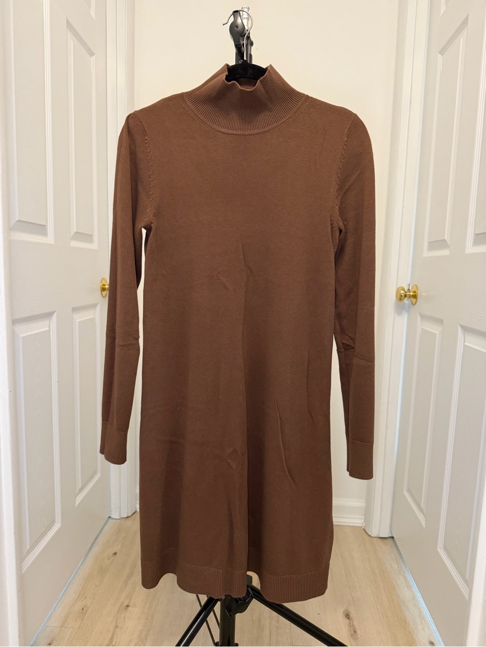 Fall Basic dress Chocolate Brown Mock Neck Long Sleeve Knit Dress